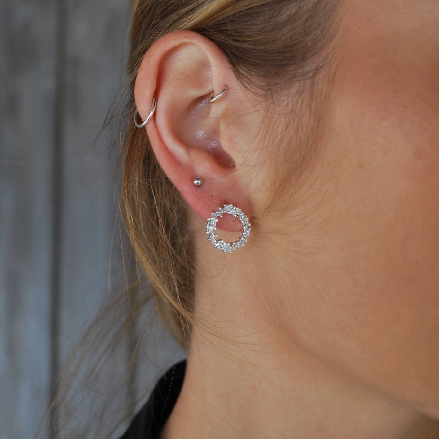 Crystal Cluster Circle Earring in Silver