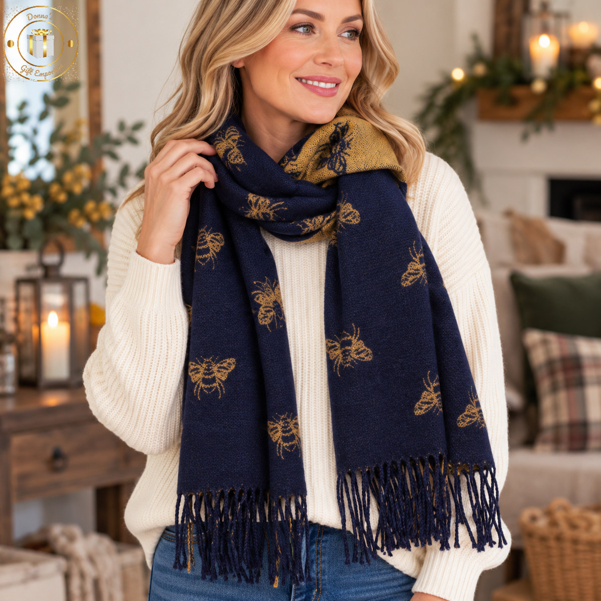 Cashmere Bees Scarf - Navy/Mustard
