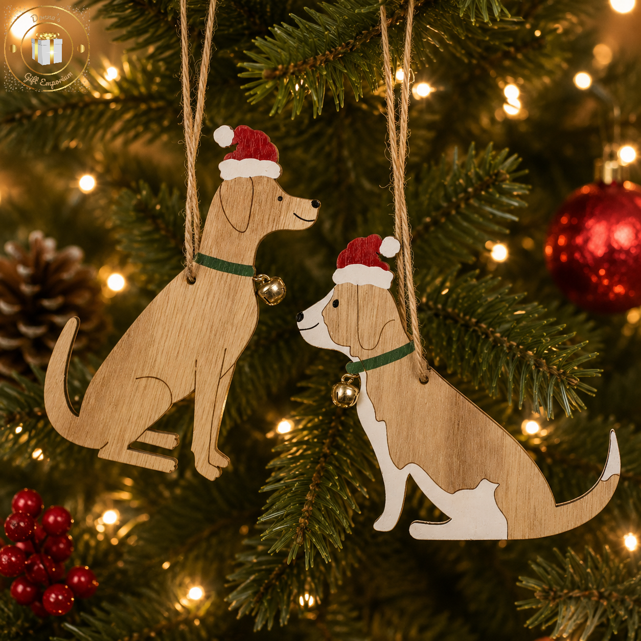 Natural Wooden Dogs with Santa Hats - Tree Decorations - Pair