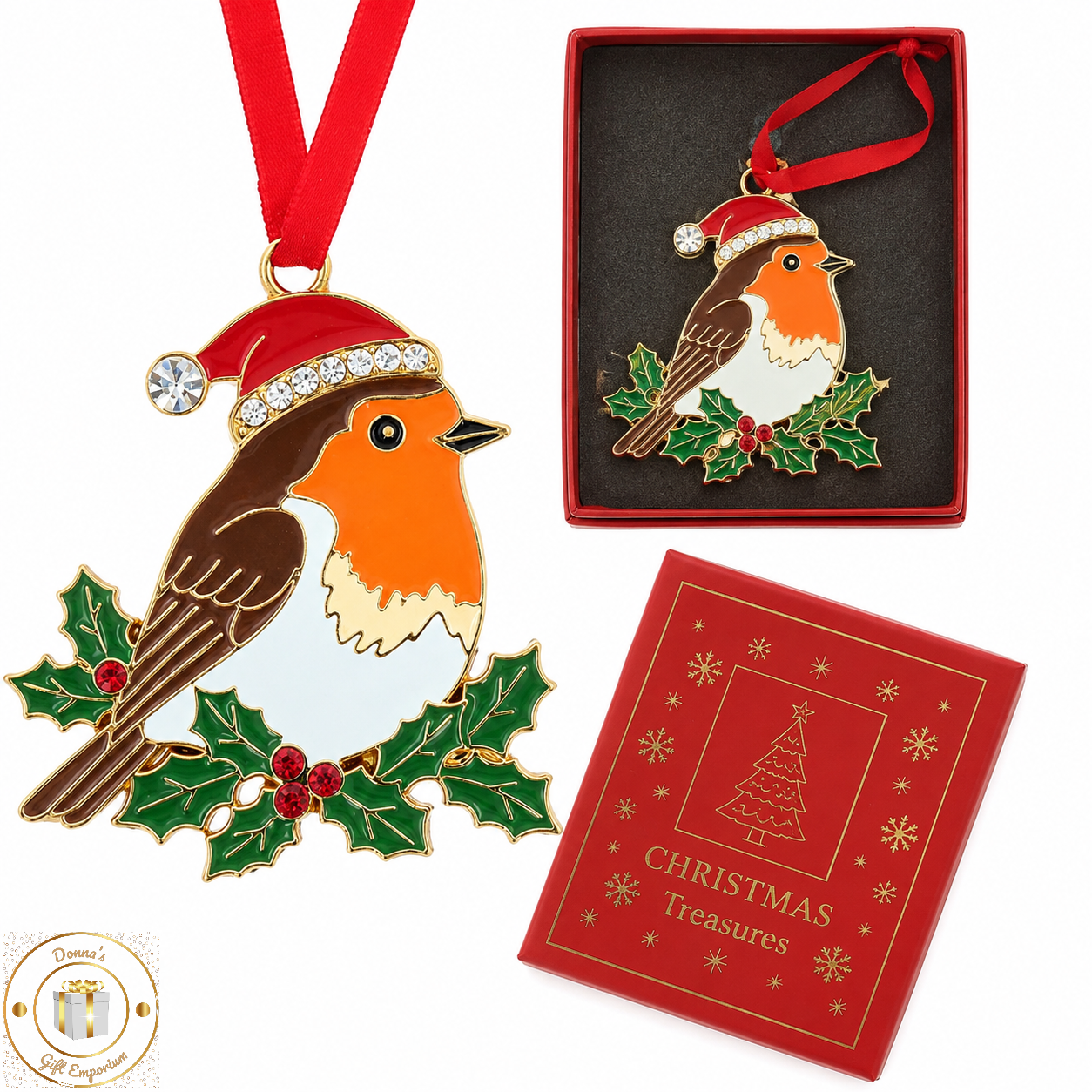 Christmas Treasures Robin On Holly Metal & Enamel Tree Decoration & Keepsake