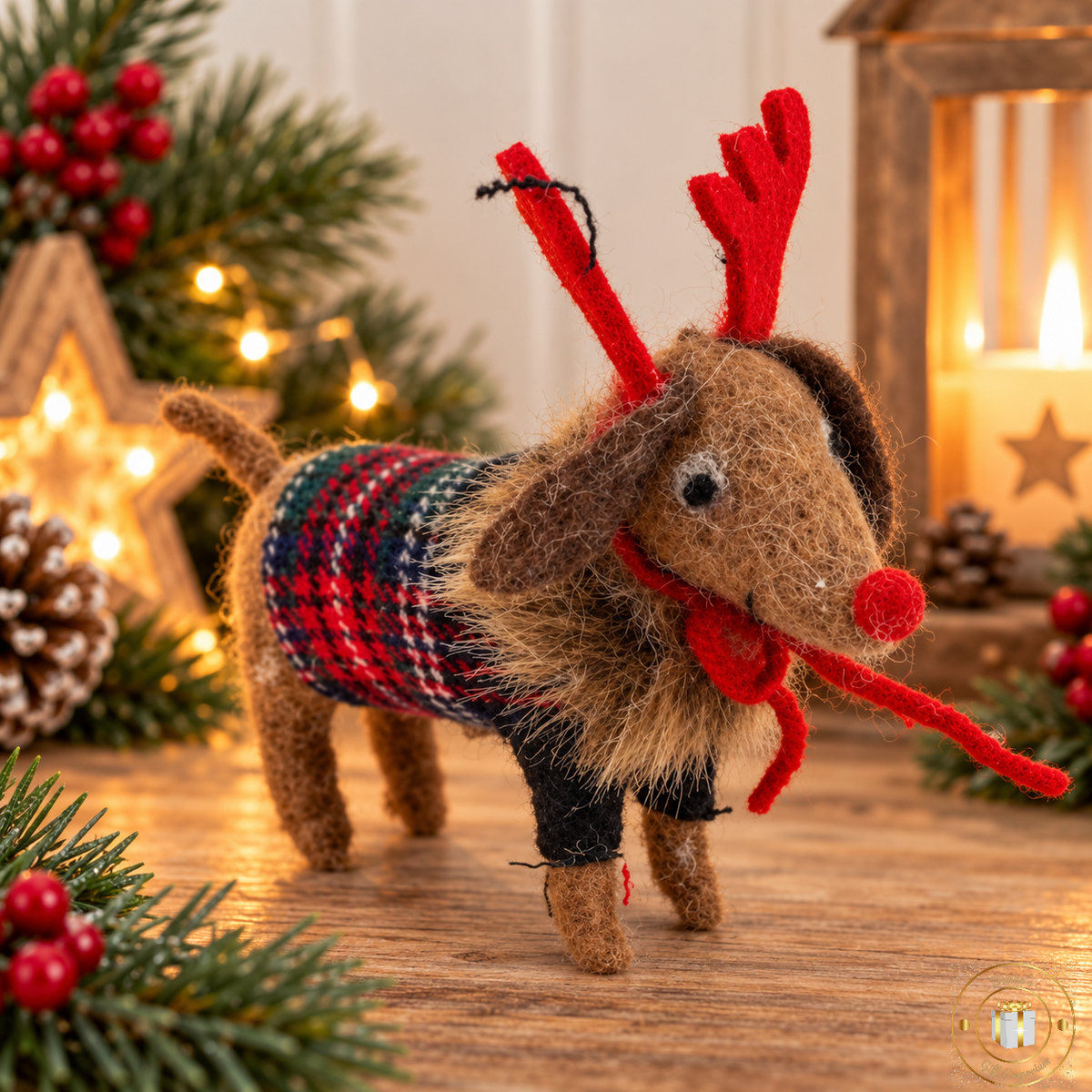 Felt Dog In Tartan Jumper With Rudolph Reindeer Antlers