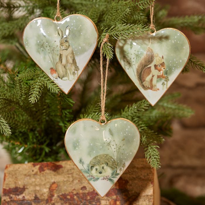 Christmas Woodland Heart Tree Decorations - Hare, Squirrel, Hedgehog