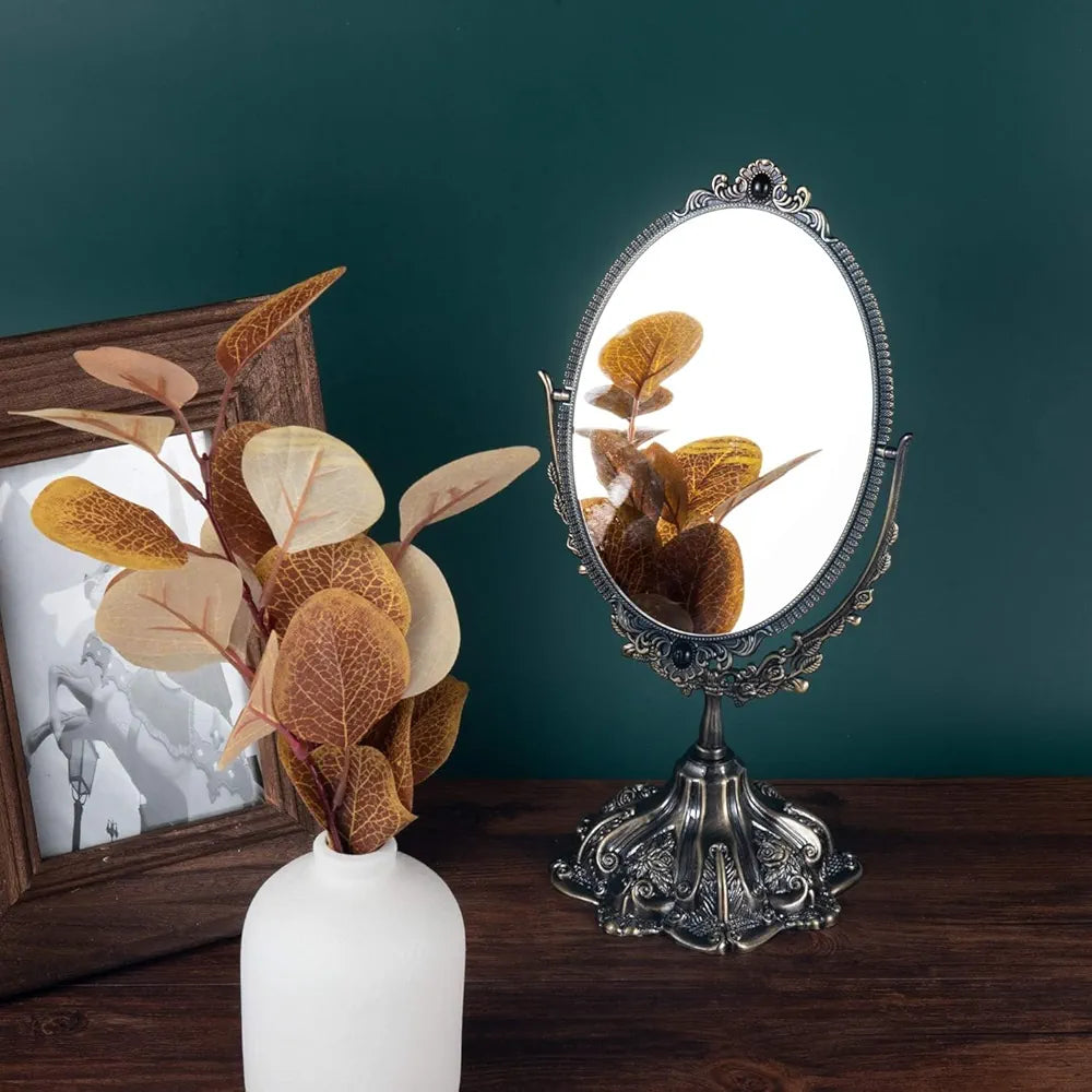 Vintage Tabletop Mirror Oval Double Side Rotating Retro Dressing Makeup Mirror Standing Vanity Mirror