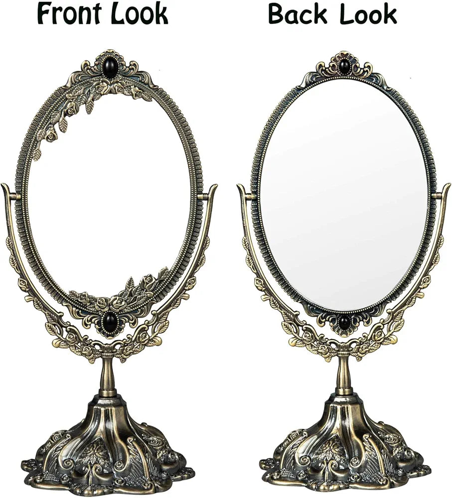 Vintage Tabletop Mirror Oval Double Side Rotating Retro Dressing Makeup Mirror Standing Vanity Mirror