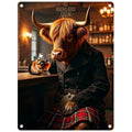 Metal Sign Highland Cow With Whiskey Glass 20cm