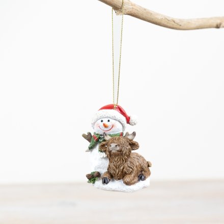 Snowman and Highland Cow Hanging Tree Decoration