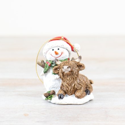 Snowman and Highland Cow Hanging Tree Decoration