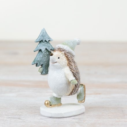 Festive Skating Hedgehog in Sage Green