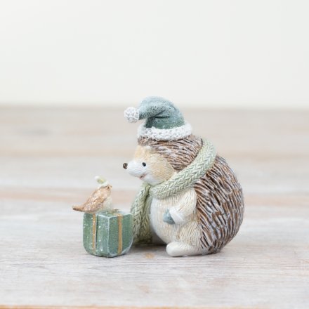 Festive Hedgehog & Bird Ornament in Sage Green
