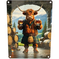 Metal Sign Highland Cow With Whiskey Barrels 20cm