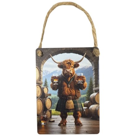 Mini Metal Sign - Highland Cow With Whiskey Barrels