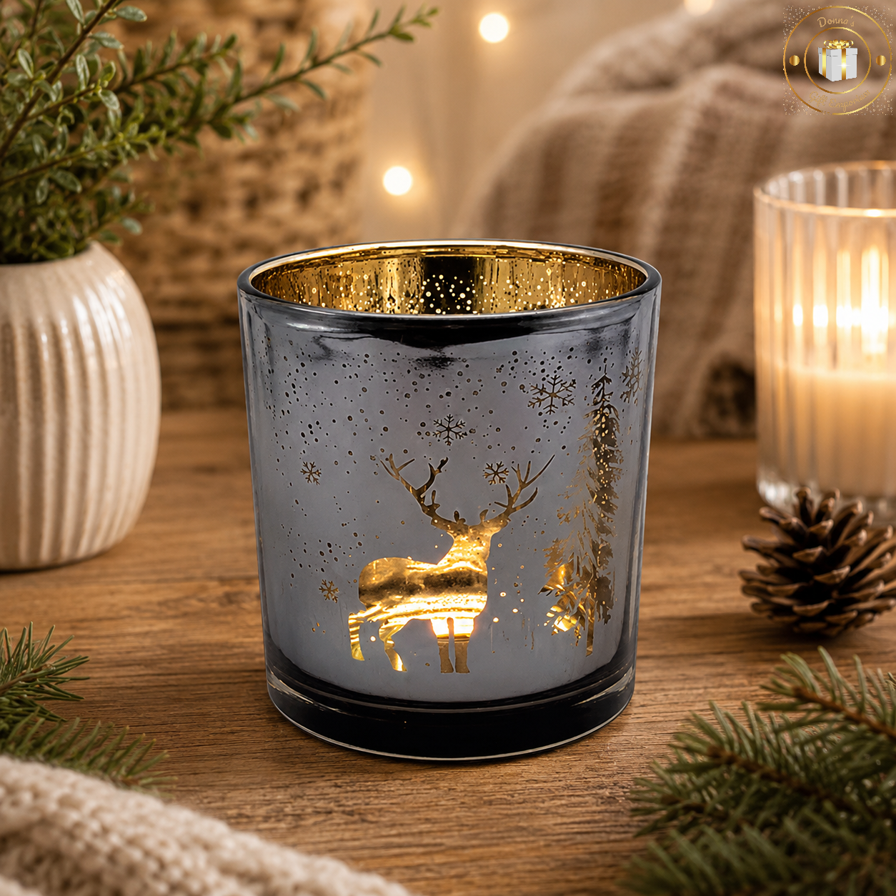 Dark Grey & Gold Stag Forest Tea Light Holder