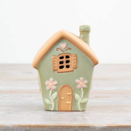 Pastel Green & White Fairy House Tealight Holder