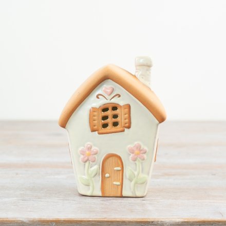 Pastel Green & White Fairy House Tealight Holder