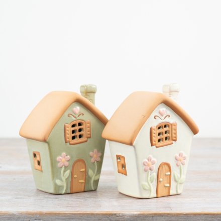 Pastel Green & White Fairy House Tealight Holder