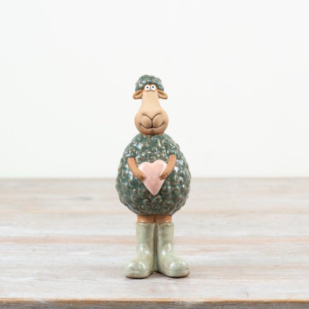 Green Sheep Ornament Holding Pink Heart - Stood