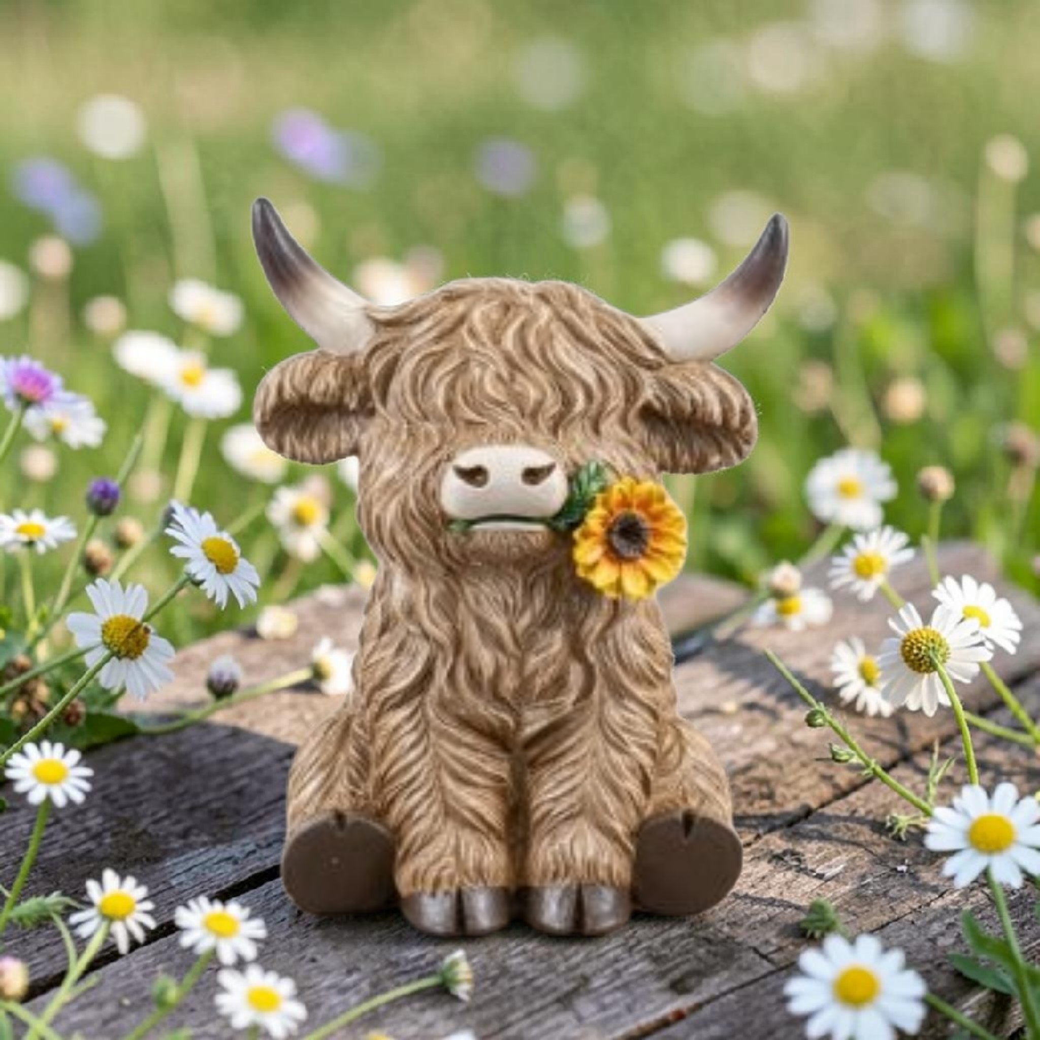Garden Gnome - Highland Cow With Sunflower