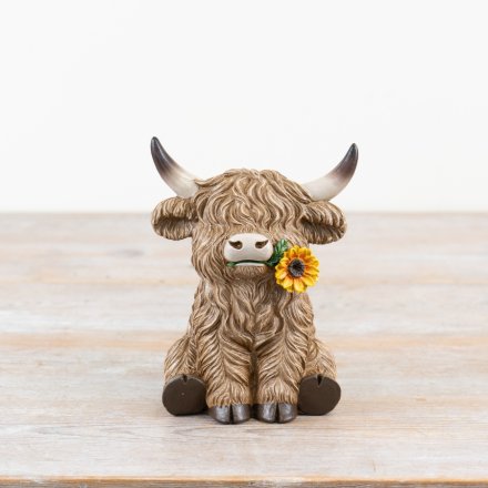Garden Gnome - Highland Cow With Sunflower