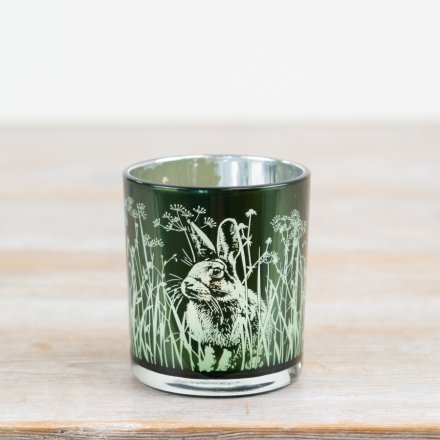 Green Spring Rabbit Glass Tea Light Holder Small