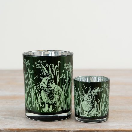 Green Spring Rabbit Glass Tea Light Holders - Pair