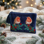 Christmas Robin Embroidered Velvet & Glass Beads Cosmetic Bag