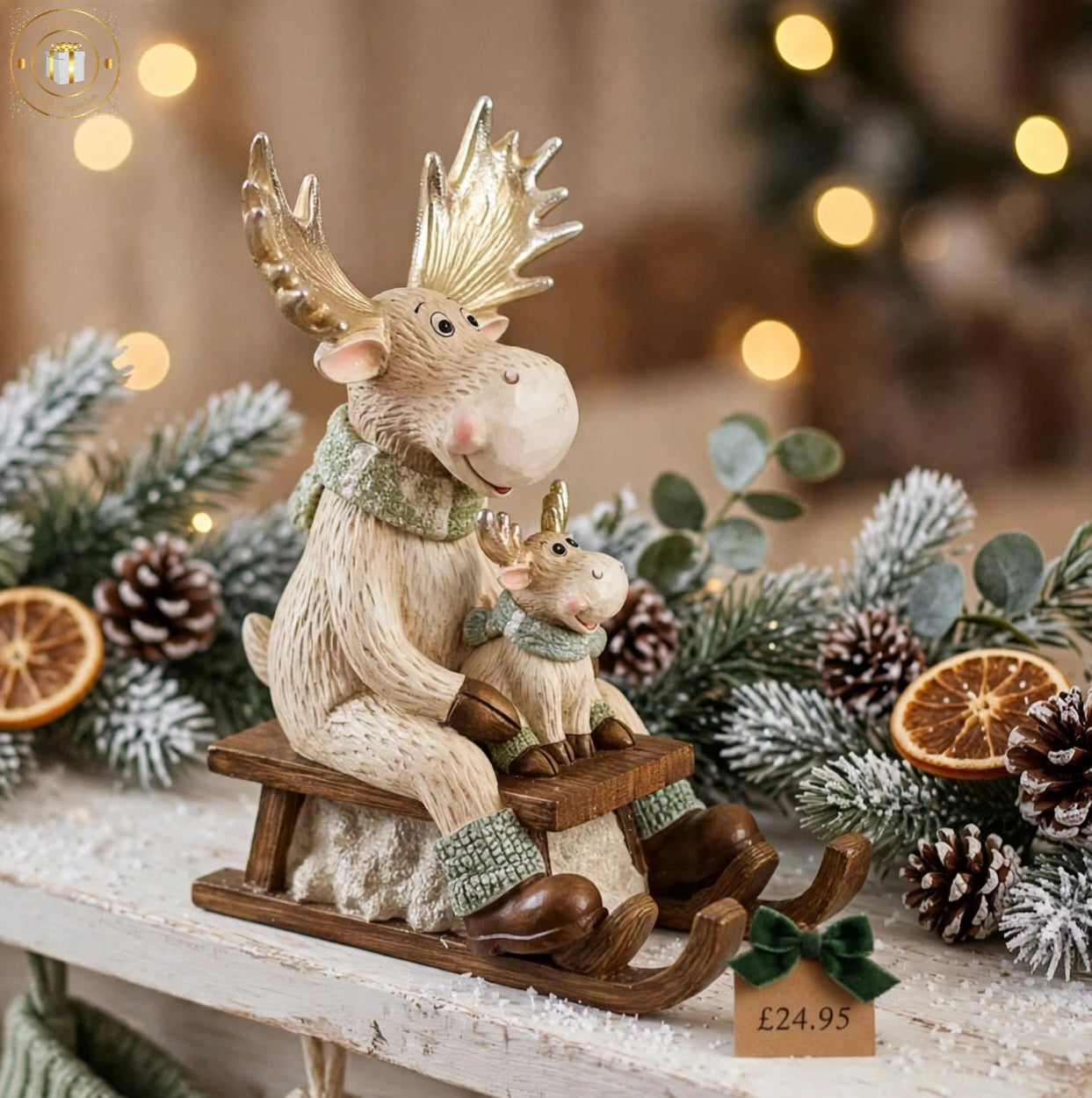 Nordic Nest Moose on Sledge with Gold Antlers Ornament