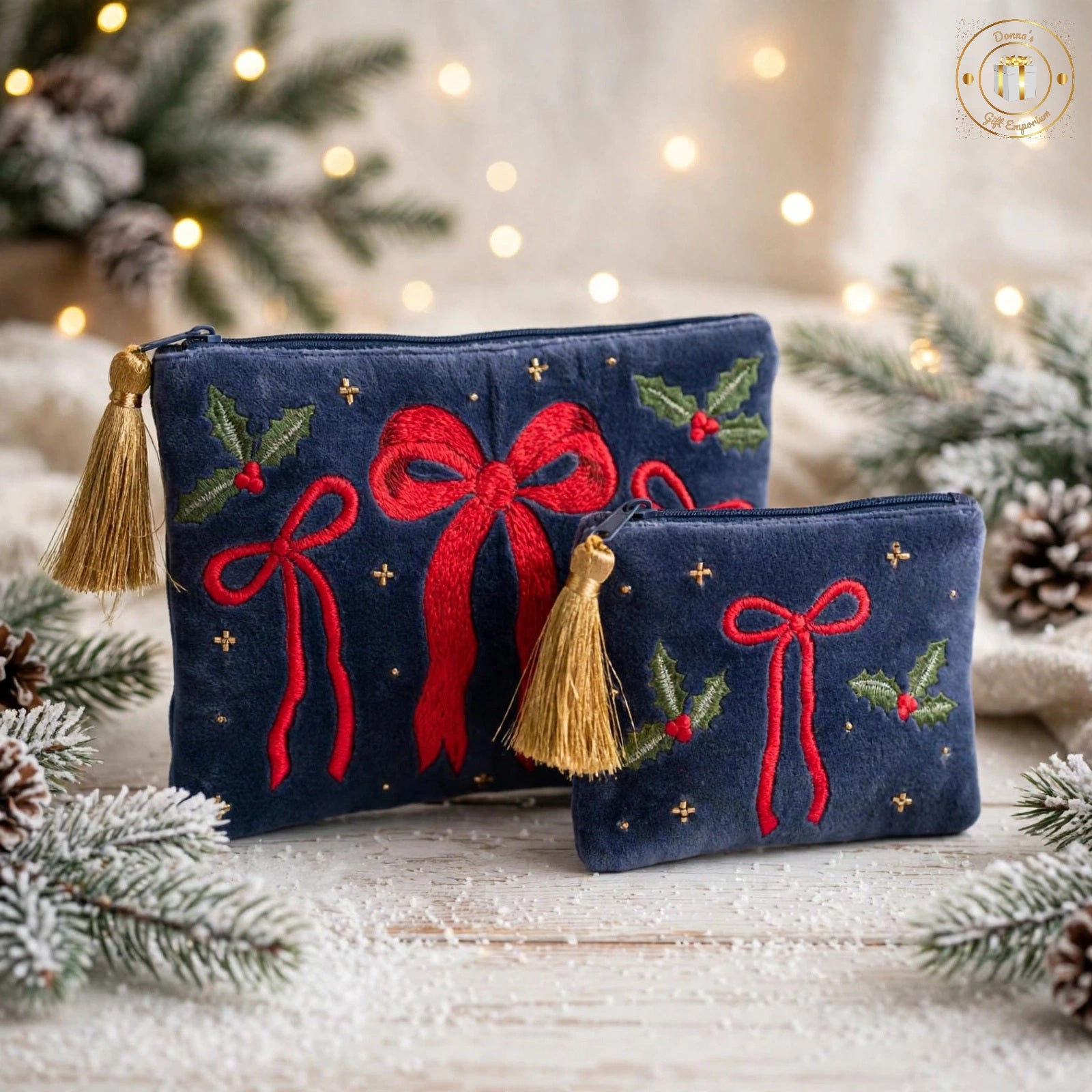 Christmas Holly & Bows Navy Velvet & Bead Cosmetic Bag Purse