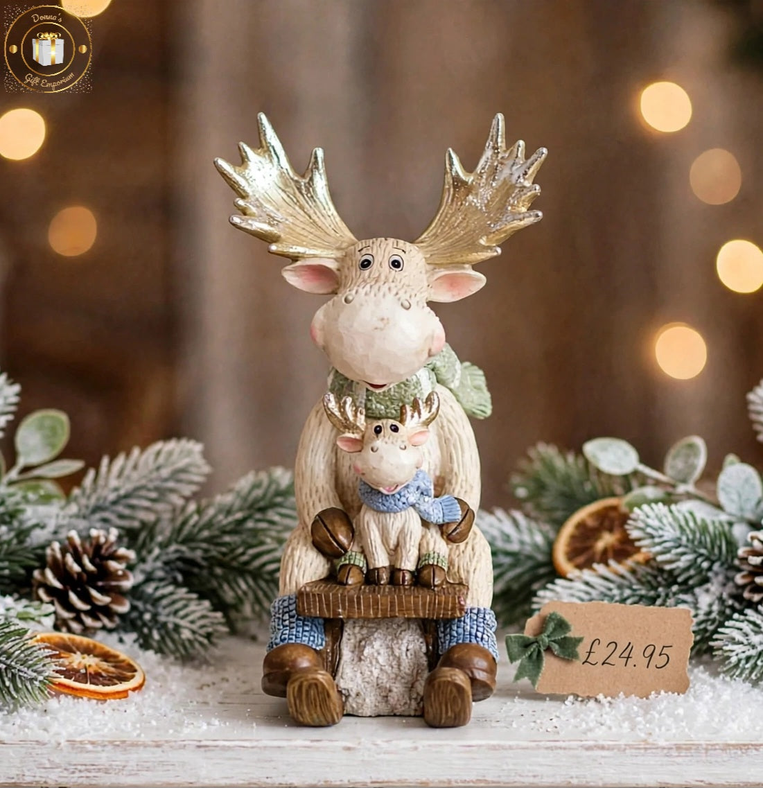 Nordic Nest Moose on Sledge with Gold Antlers Ornament