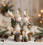 Nordic Nest Moose Couple on Bench with Gold Antlers Ornament