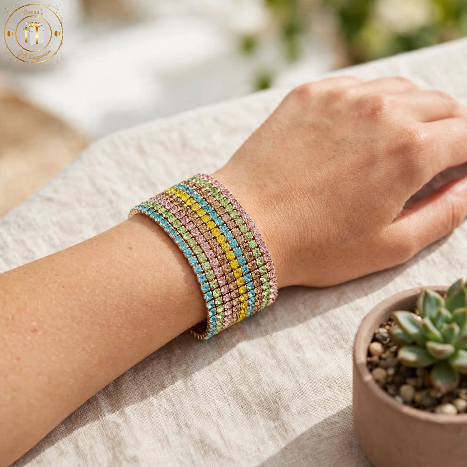Rainbow Rhinestone Wide Wrap Elasticated Bracelet