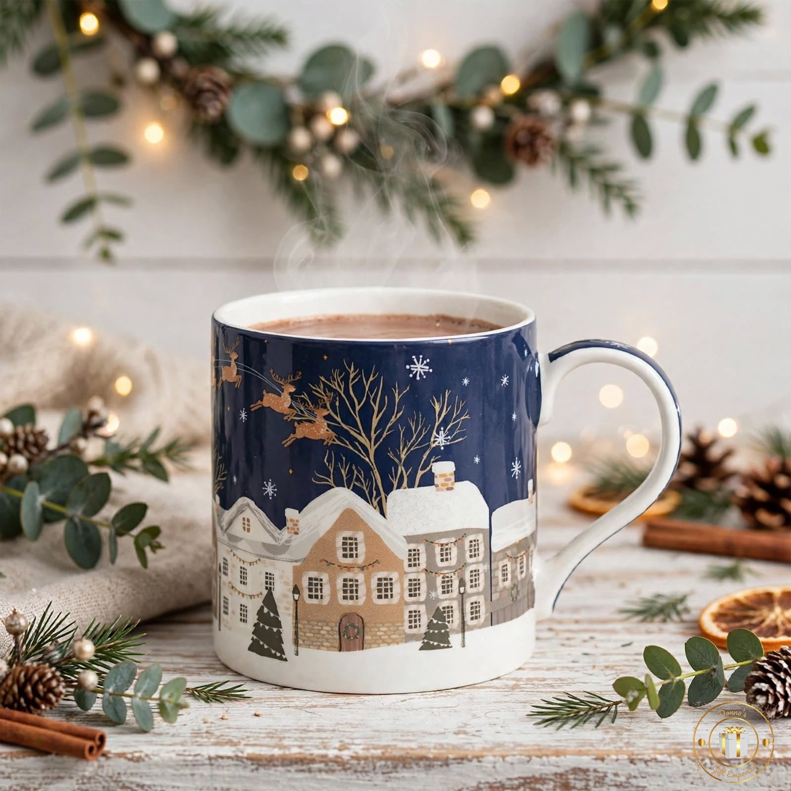 Cosy Christmas Village Mug - Navy Blue Christmas Scene with Reindeer | Country Christmas