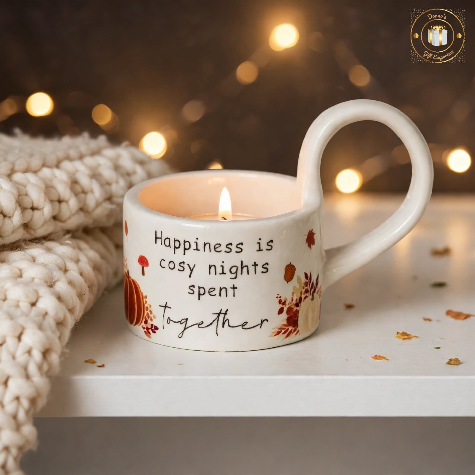 Happiness Is Cosy Nights Spent Together - Autumn Pumpkin Ceramic Tea Light Holder 8.5cm