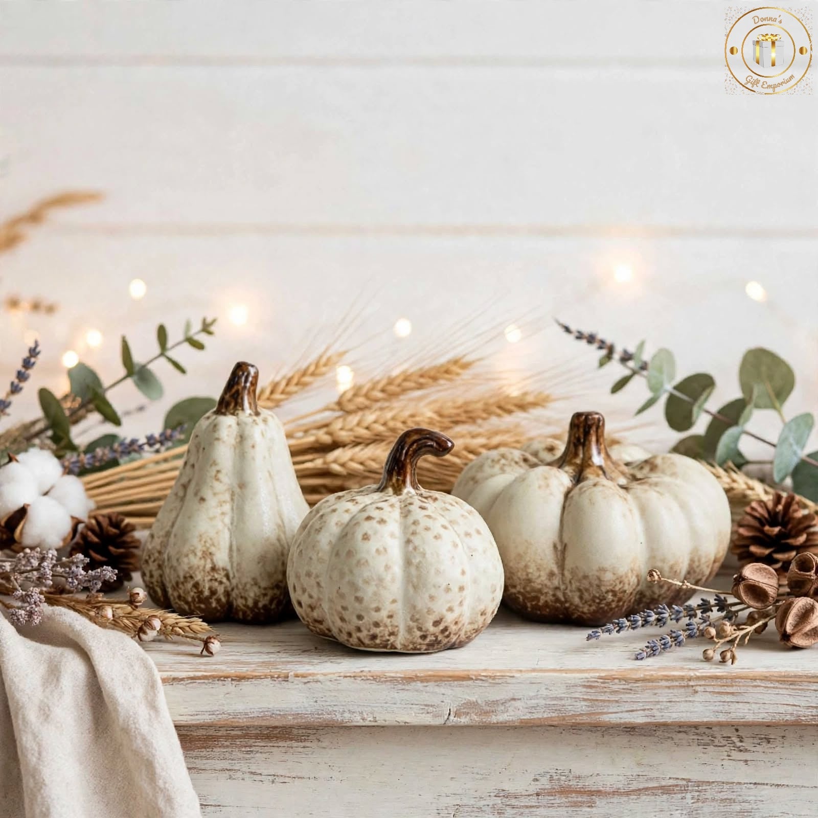 Set of 3 Cream Speckled Ceramic Pumpkins - Autumn Mantel Decor