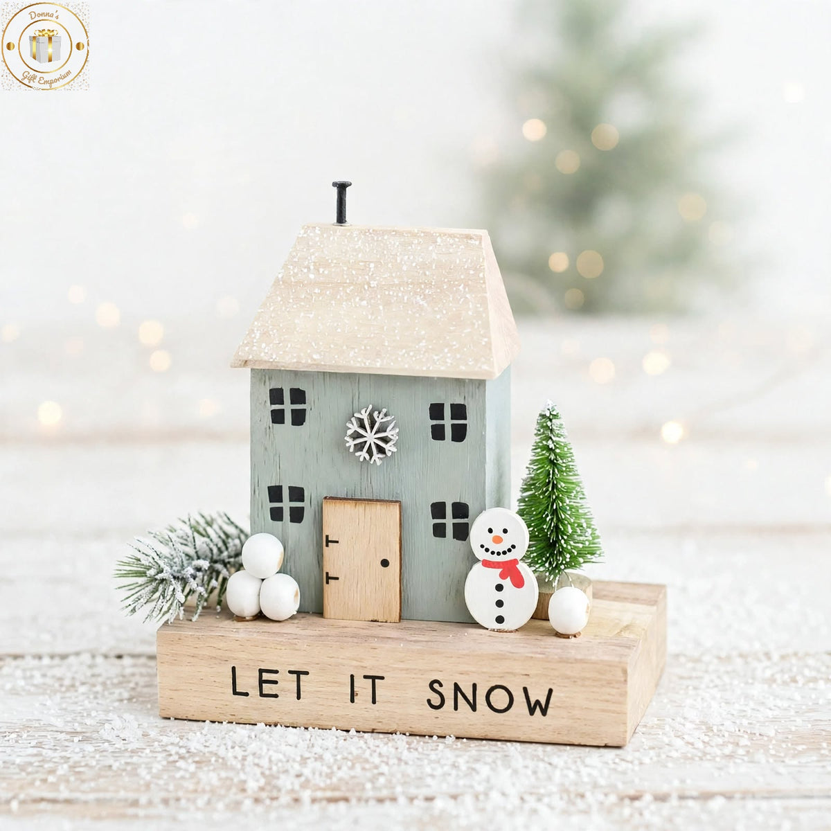 Let It Snow Wooden Christmas House Decoration with Snowman & Tree - Scandi Cottage Ornament