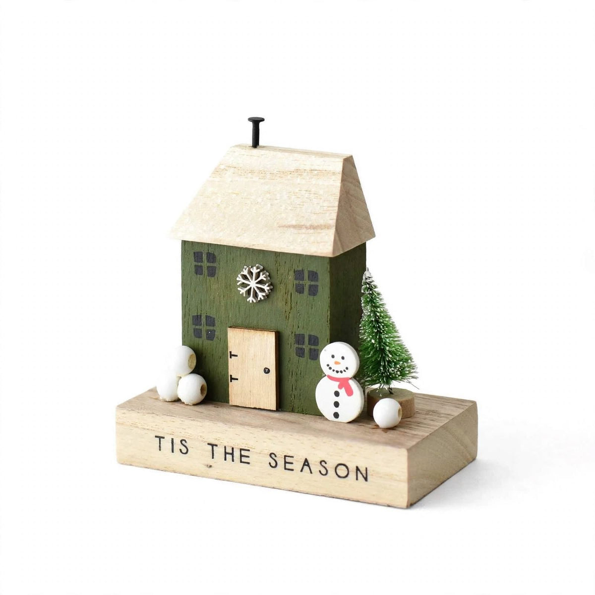 Tis The Season Wooden Christmas House Decoration with Snowman - Scandi Cottage Ornament