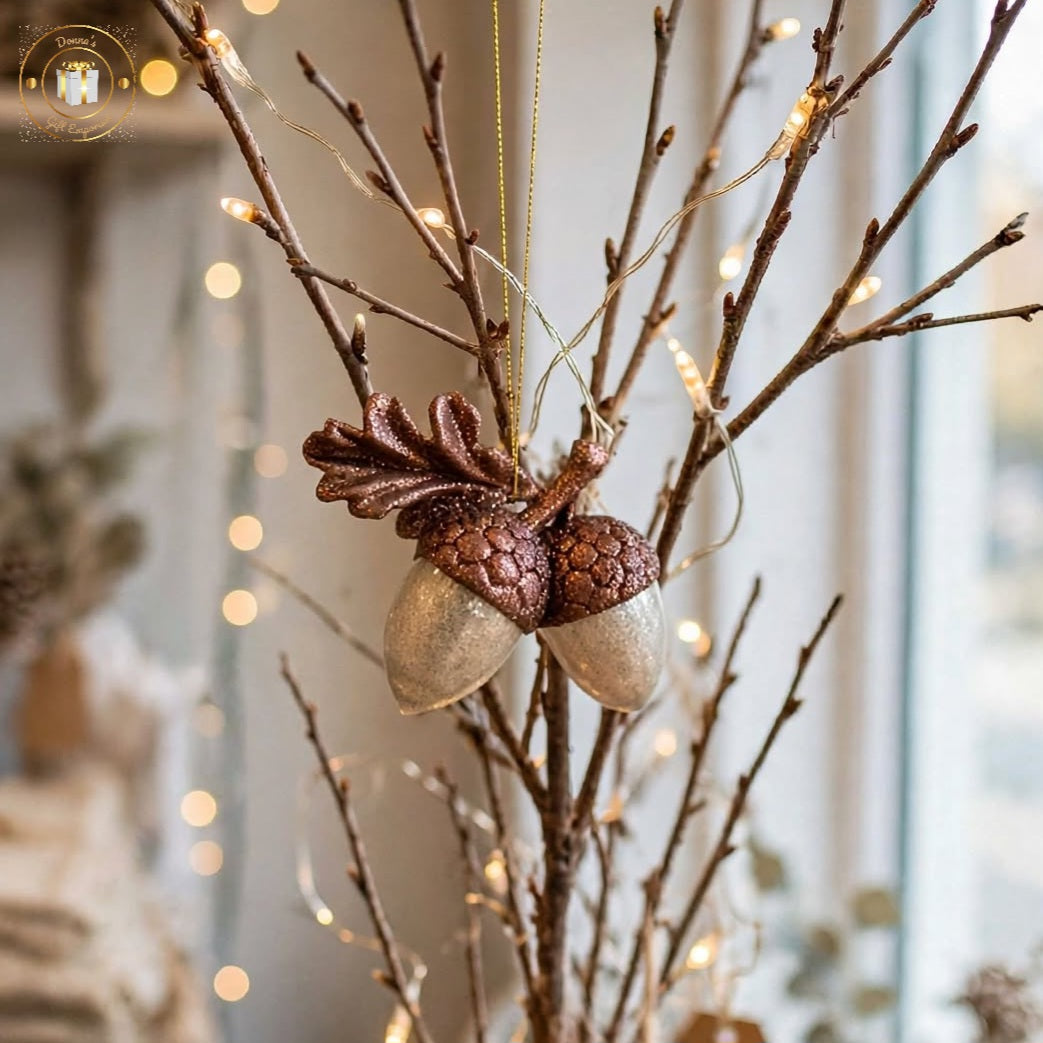 Glitter Twin Acorn Hanging Decoration - Champagne & Copper with Oak Leaf - 9.5cm