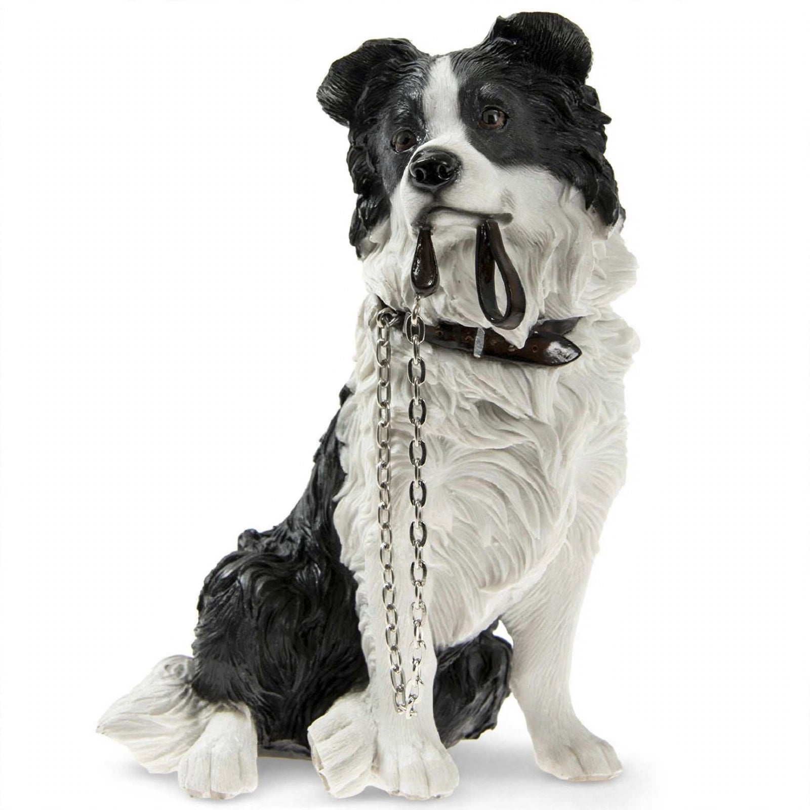 Adorable Border Collie Figurine with Lead in Mouth - Black & White Collie Dog Ornament 15x9x17cm | Gift for Collie Lovers