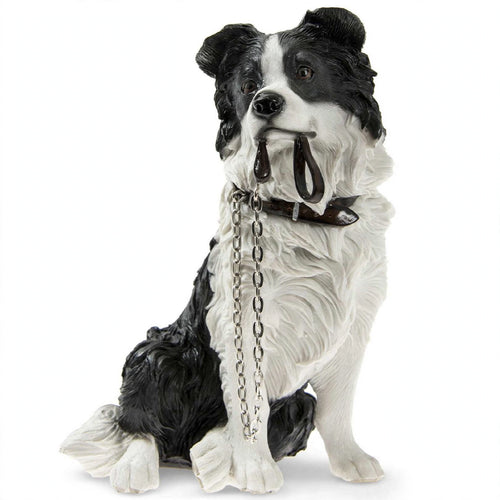 Adorable Border Collie Figurine with Lead in Mouth - Black & White Collie Dog Ornament 15x9x17cm | Gift for Collie Lovers