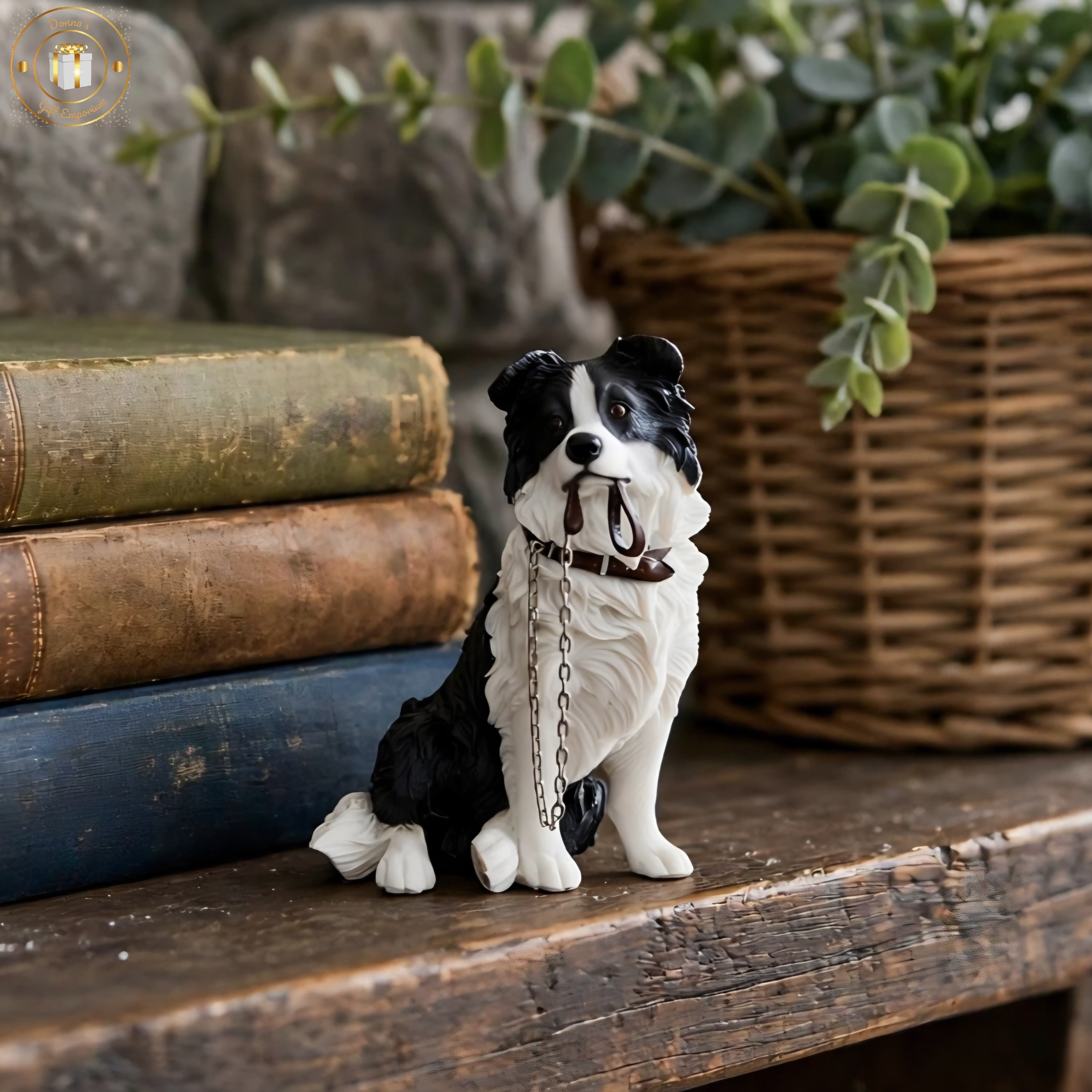 Adorable Border Collie Figurine with Lead in Mouth - Black & White Collie Dog Ornament 15x9x17cm | Gift for Collie Lovers