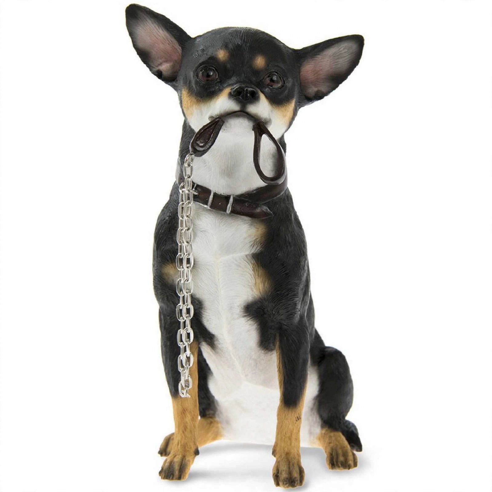 Adorable Chihuahua Figurine with Lead in Mouth - Black &amp; Tan Chihuahua Dog Ornament 14x9x19cm | Gift for Chihuahua Lovers