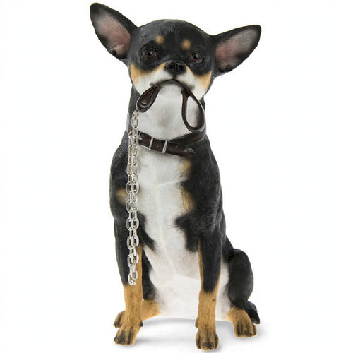 Adorable Chihuahua Figurine with Lead in Mouth - Black &amp; Tan Chihuahua Dog Ornament 14x9x19cm | Gift for Chihuahua Lovers