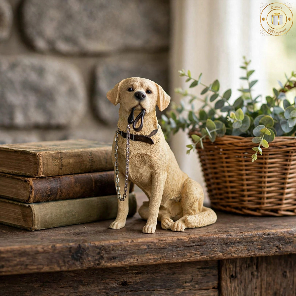 Adorable Golden Labrador Figurine with Lead in Mouth - Labrador Dog Ornament 15cm | Gift for Labrador Lovers