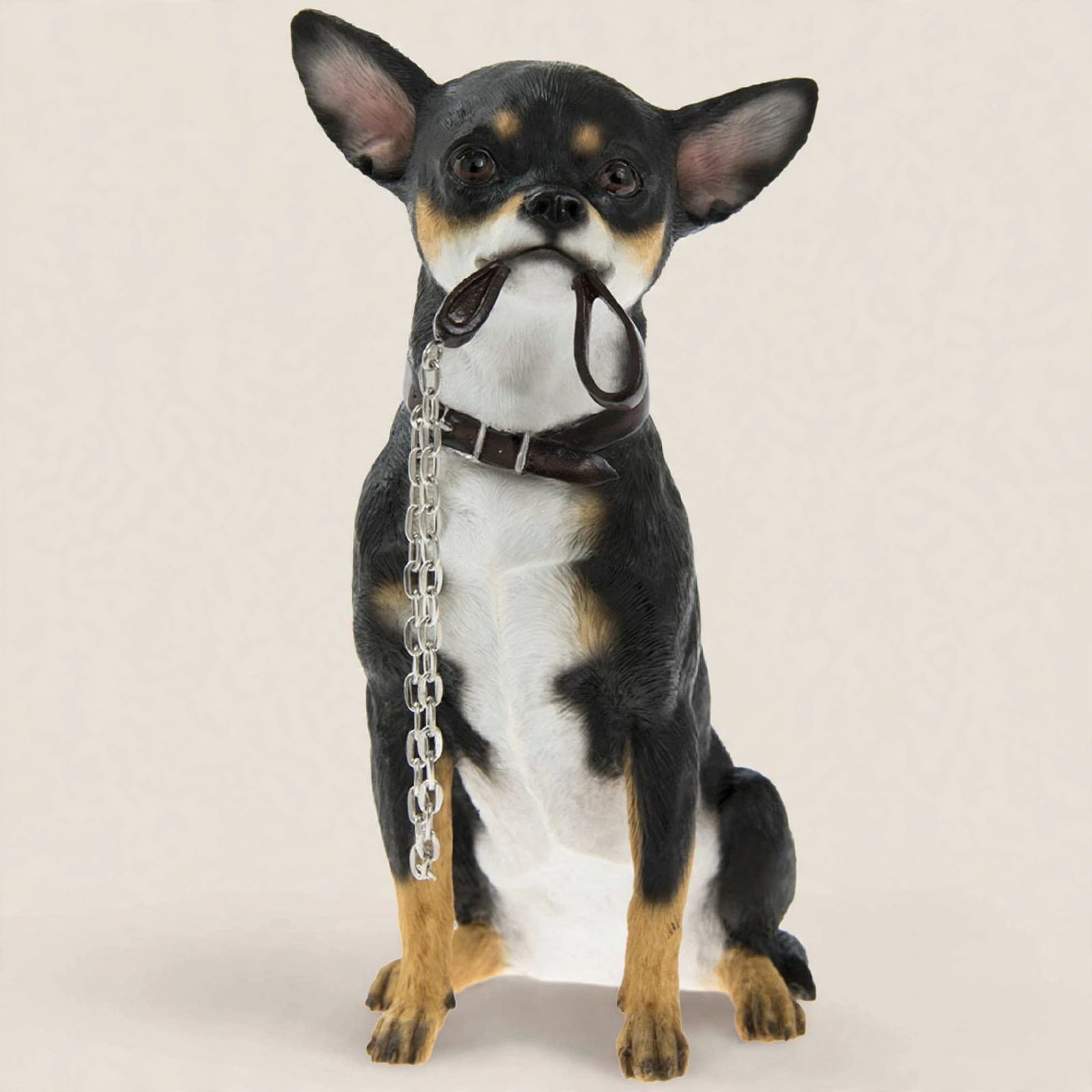 Adorable Chihuahua Figurine with Lead in Mouth - Black &amp; Tan Chihuahua Dog Ornament 14x9x19cm | Gift for Chihuahua Lovers