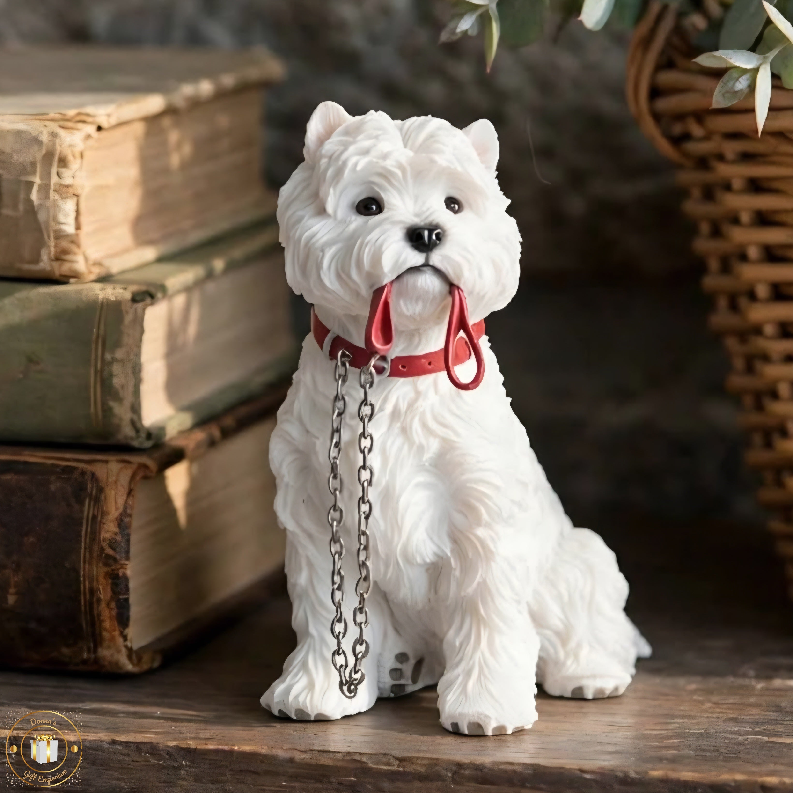 Adorable Westie Figurine with Lead in Mouth - White West Highland Terrier Dog Ornament 15cm | Gift for Westie Lovers