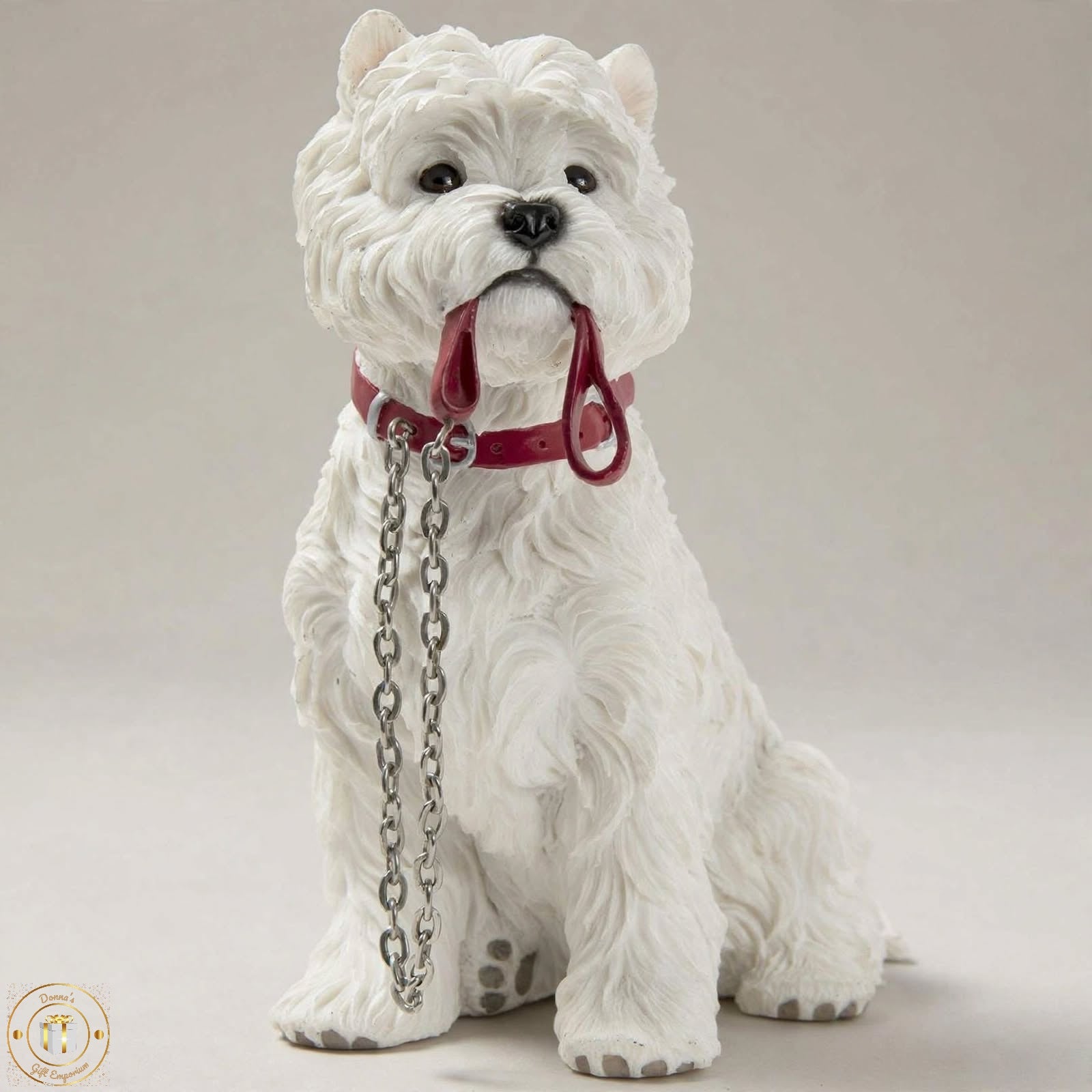 Adorable Westie Figurine with Lead in Mouth - White West Highland Terrier Dog Ornament 15cm | Gift for Westie Lovers