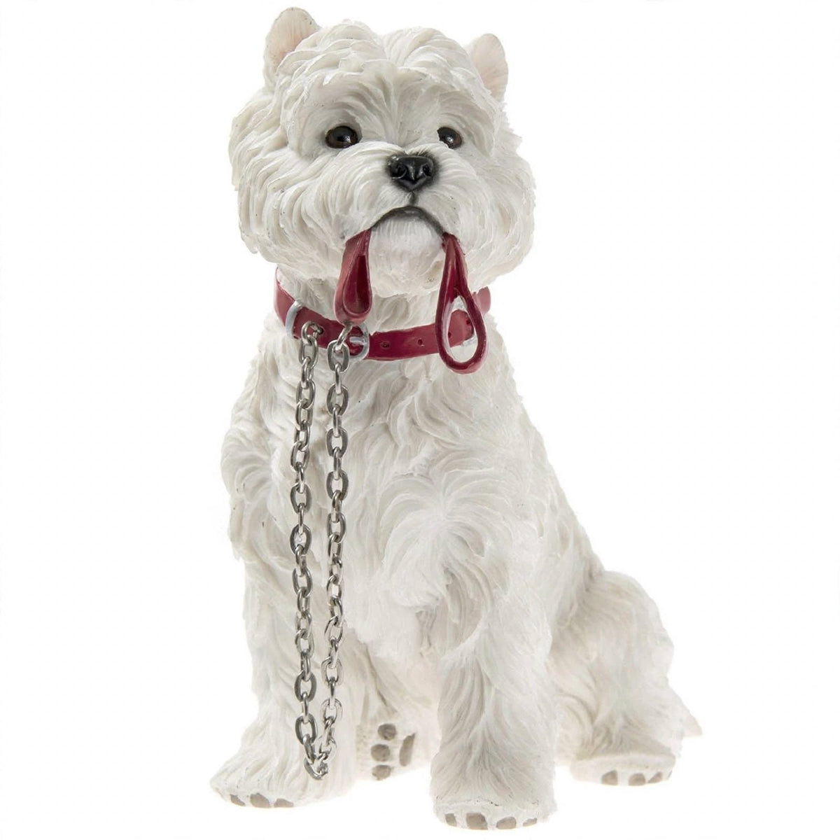 Adorable Westie Figurine with Lead in Mouth - White West Highland Terrier Dog Ornament 15cm | Gift for Westie Lovers