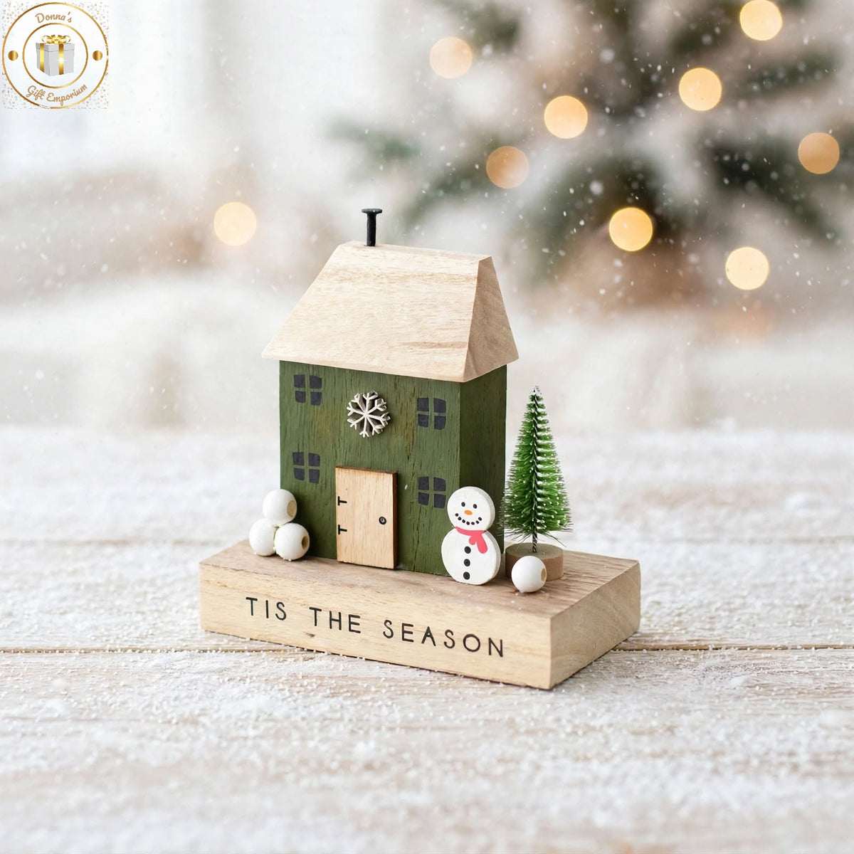 Tis The Season Wooden Christmas House Decoration with Snowman - Scandi Cottage Ornament
