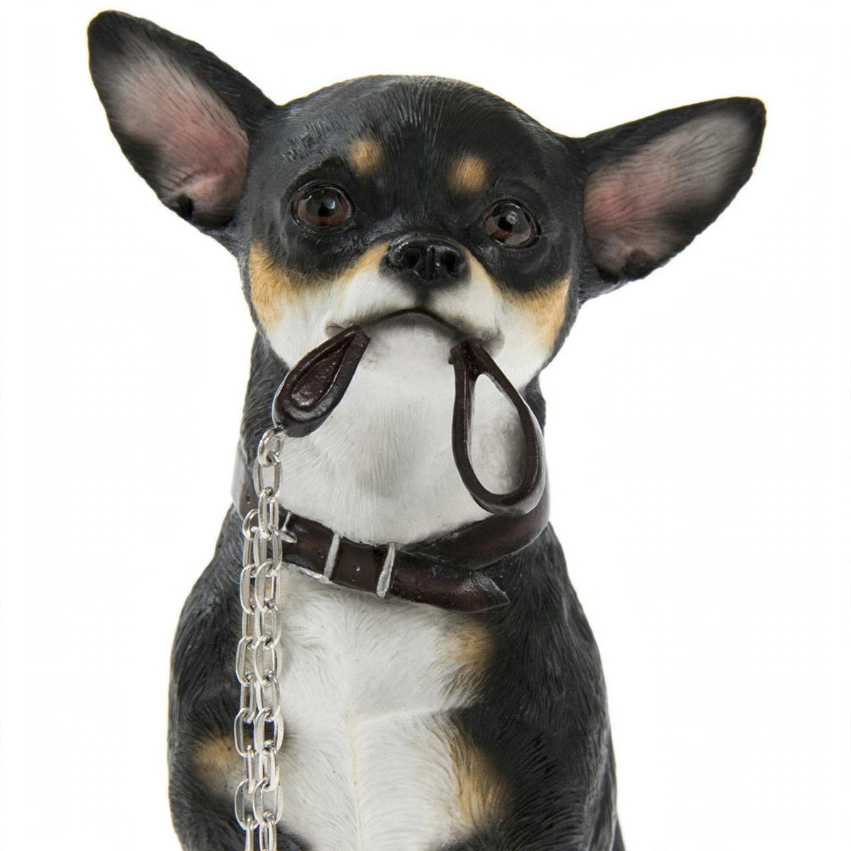 Adorable Chihuahua Figurine with Lead in Mouth - Black &amp; Tan Chihuahua Dog Ornament 14x9x19cm | Gift for Chihuahua Lovers