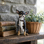 Adorable Chihuahua Figurine with Lead in Mouth - Black &amp; Tan Chihuahua Dog Ornament 14x9x19cm | Gift for Chihuahua Lovers