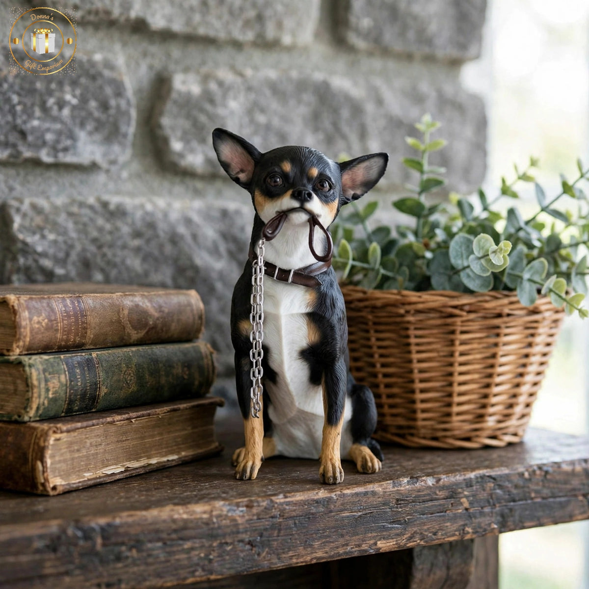 Adorable Chihuahua Figurine with Lead in Mouth - Black &amp; Tan Chihuahua Dog Ornament 14x9x19cm | Gift for Chihuahua Lovers